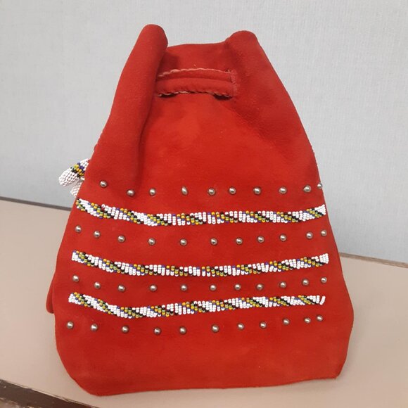 Vintage Ladies Red Suede Hand beaded drawstring bag Southwestern - Picture 1 of 12